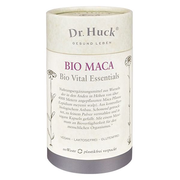 Boîte cylindrique avec inscription BIO MACA et logo Dr. Huck. Vegan, sans lactose, sans gluten. Illustration de plante.