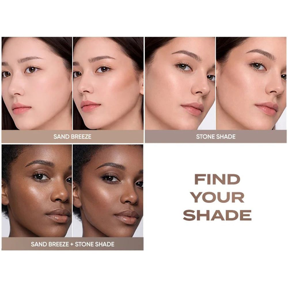 Modellen met BANILA CO Romantic Blush Contour 02 Stone Shade op verschillende huidtinten.