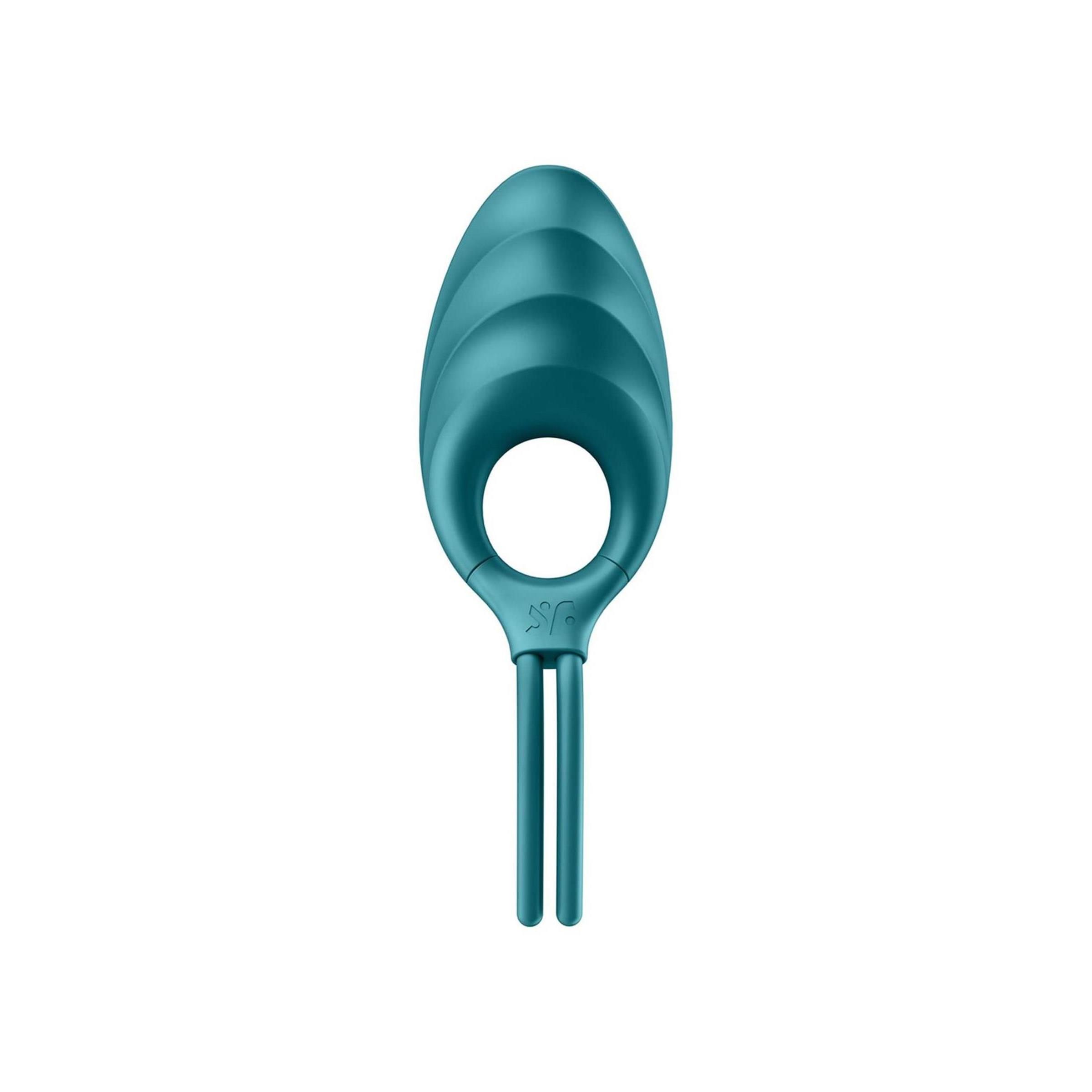 Turquoise ringvibrator met ovale kop en twee staven. Gat in het midden.