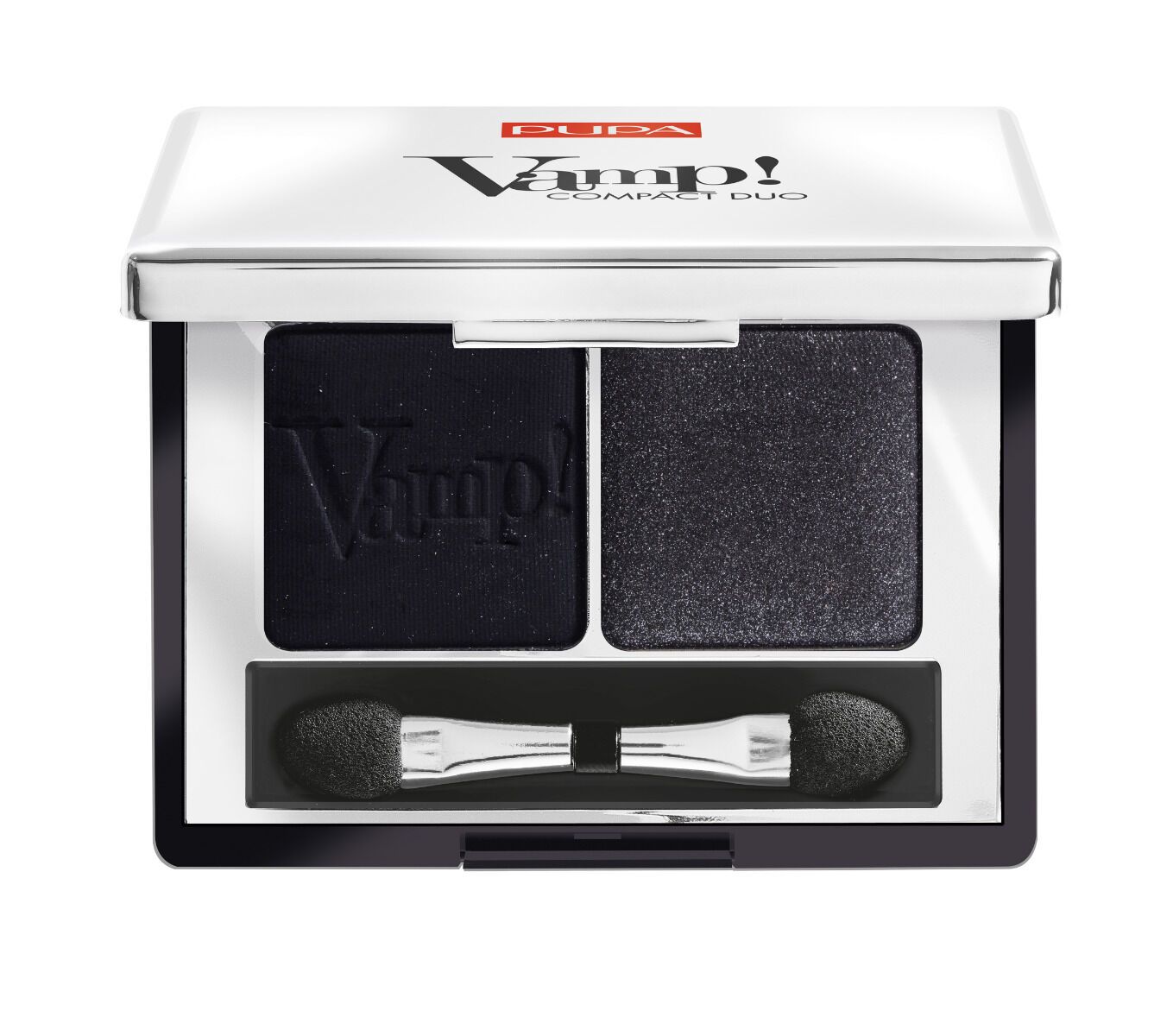 Duo de fards à paupières Pupa Vamp! dans un boîtier noir avec applicateur.