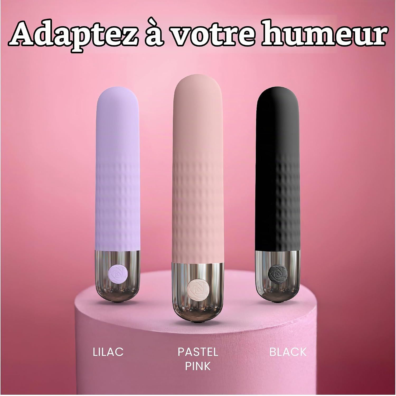 Vibrateur lilas avec texture côtelée et base argentée.