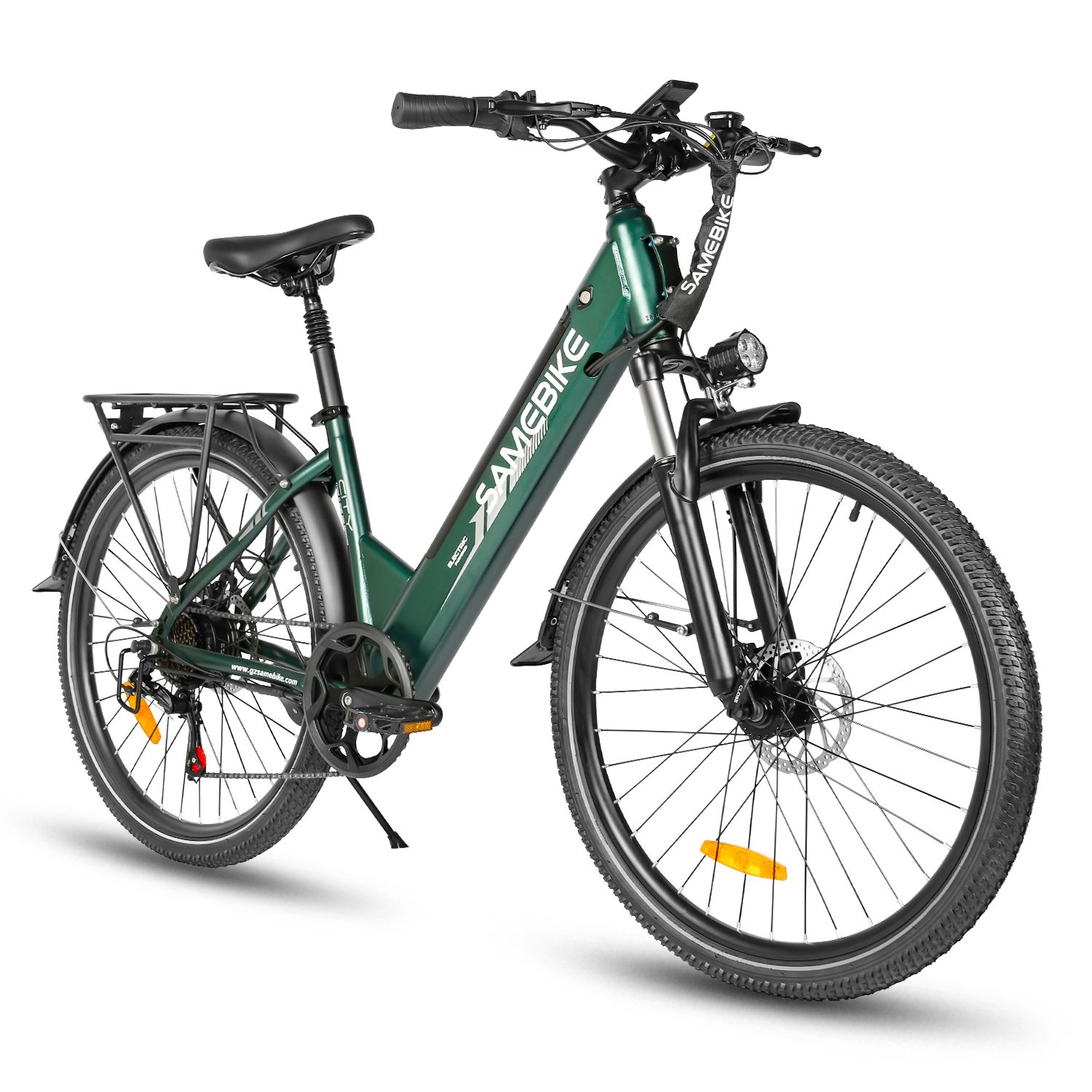 Vélo électrique vert. Marque SAMEBIKE. Pneus noirs, porte-bagages, phare. Batterie 36V 15Ah.