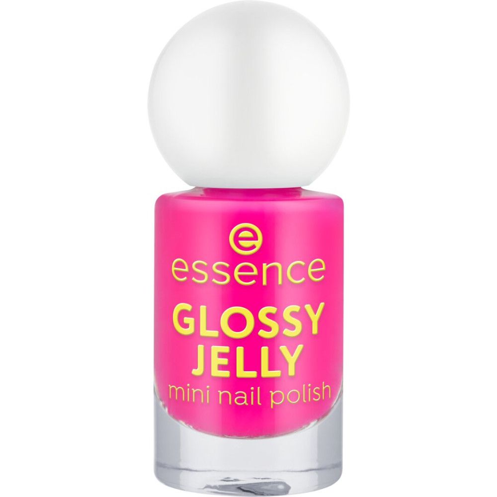 Flacon de vernis à ongles compact. Vernis rose vif avec inscription jaune "GLOSSY JELLY". Marque "essence".