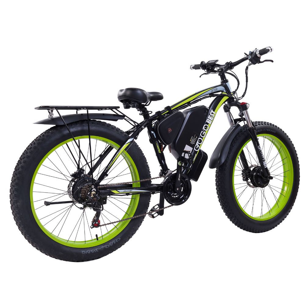 Vélo électrique noir et vert. Porte-bagages, batterie et dérailleur Shimano. Logo GOGOBEST.