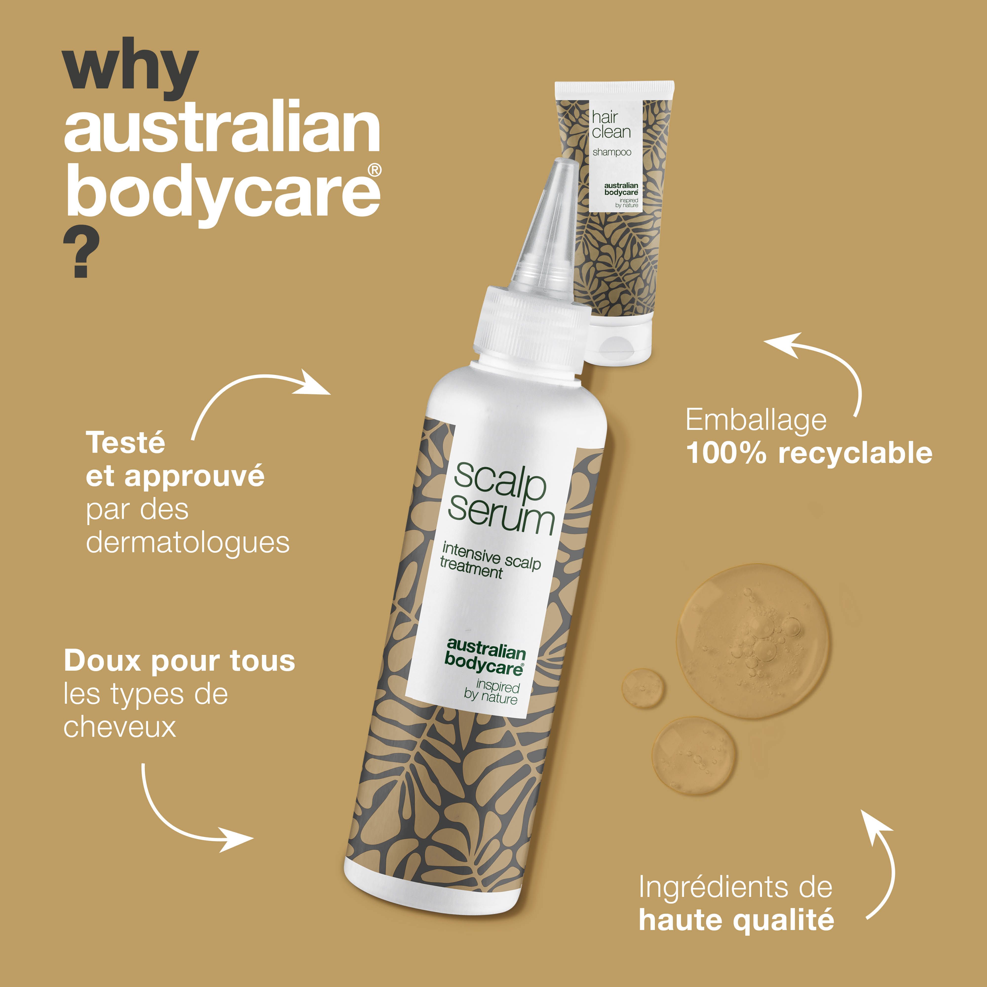 Pourquoi Australian Bodycare ? Testé, approuvé par les dermatologues, doux pour tous types de cheveux. Produits : sérum et shampooing.