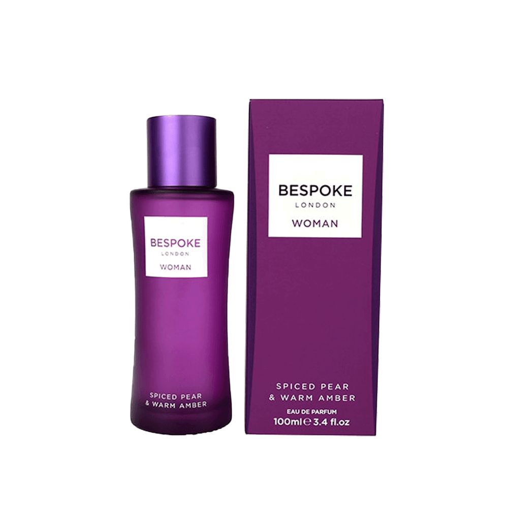 Flacon et boîte violets. Inscription: Bespoke London, Woman, Spiced Pear & Warm Amber.