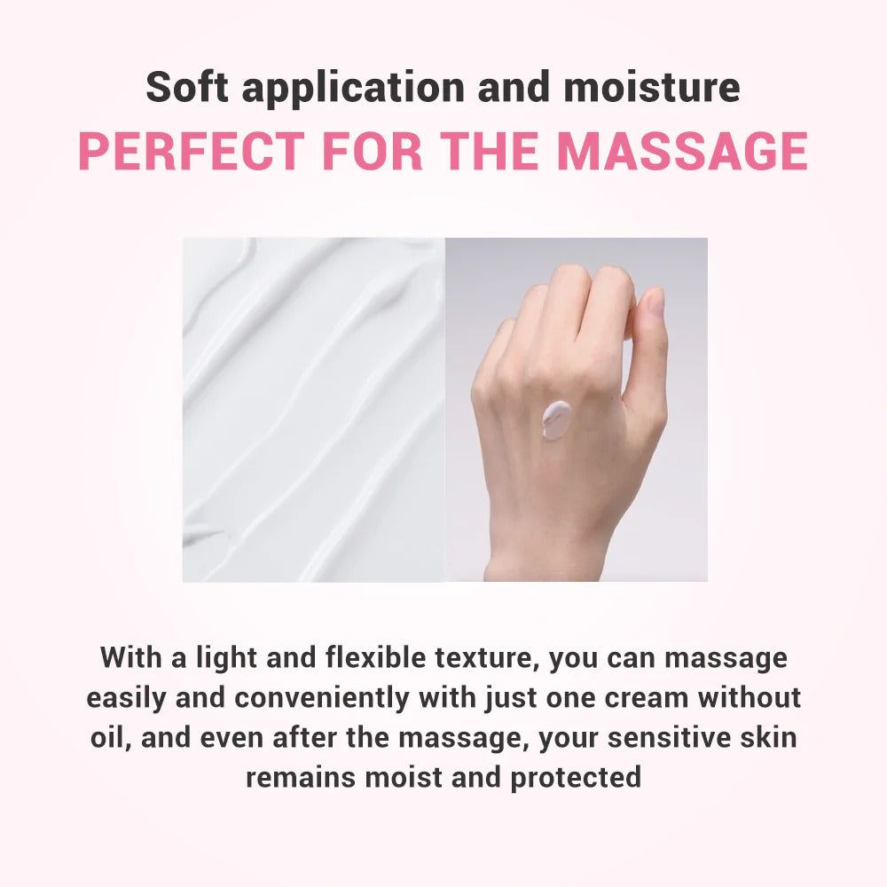 Tekst: "PERFECT FOR THE MASSAGE". Twee afbeeldingen tonen crème op de huid. Tekst over textuur en hydratatie.