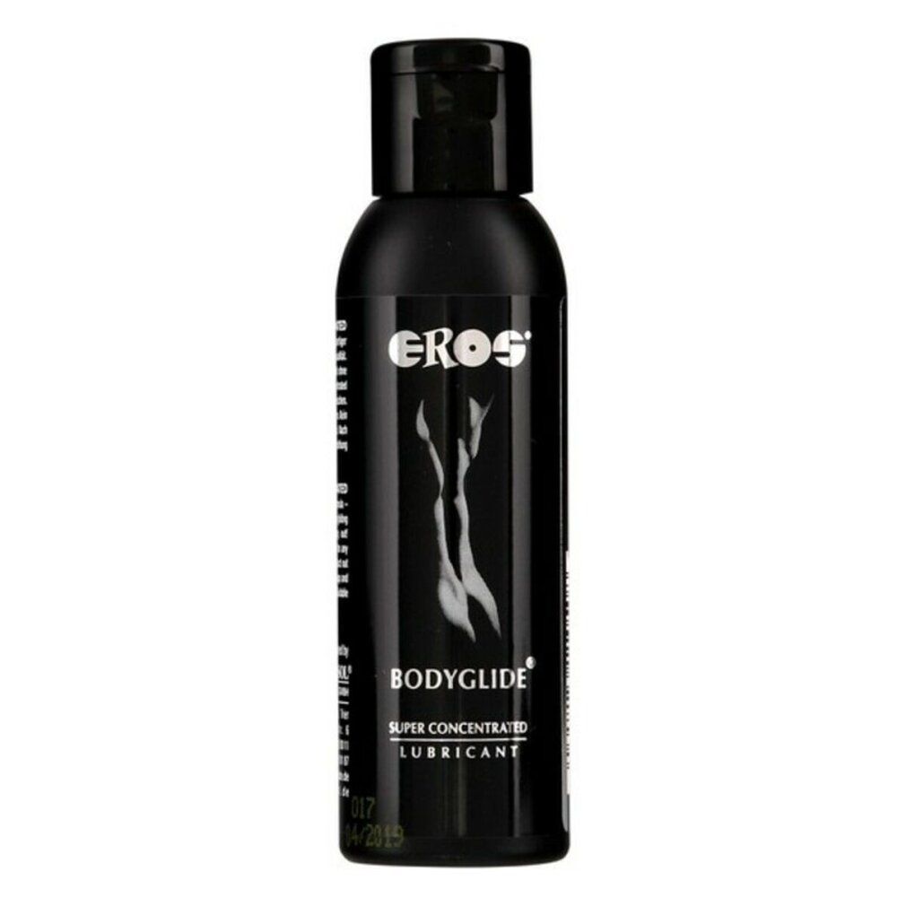 Flacon noir avec EROS Bodyglide Super Concentrated Lubricant. Une silhouette féminine stylisée est représentée.