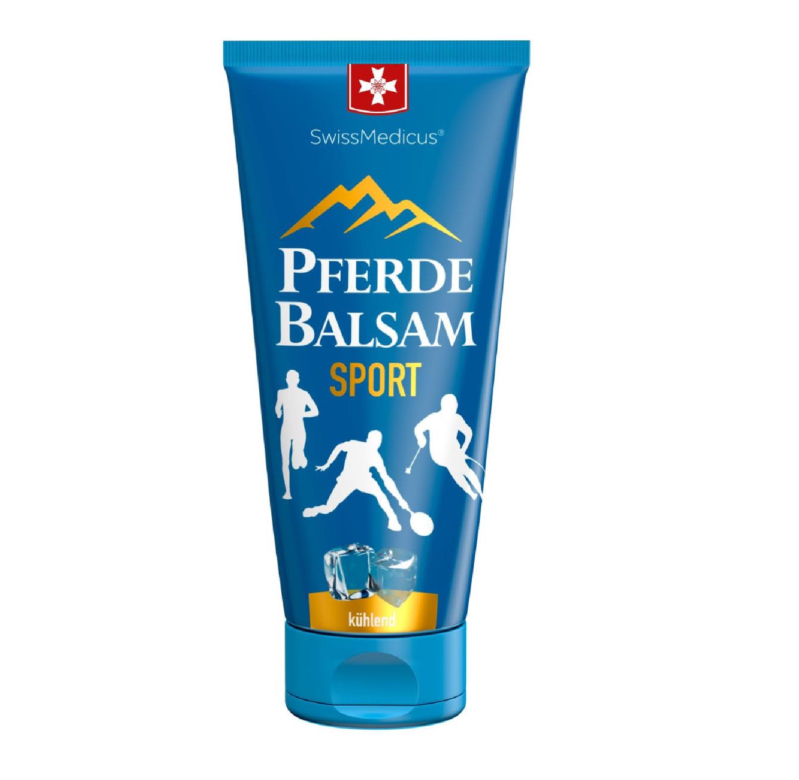 Blauwe tube "Pferde Balsam Sport". SwissMedicus-logo. Afbeeldingen van sporters. IJsblokjes.