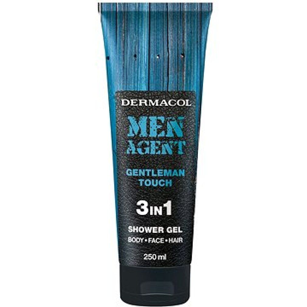 Tube de gel douche Dermacol Men Agent Gentleman Touch 3en1. Bleu avec texte noir. Inscription: Shower Gel, Body, Face, Hair. 250 ml.