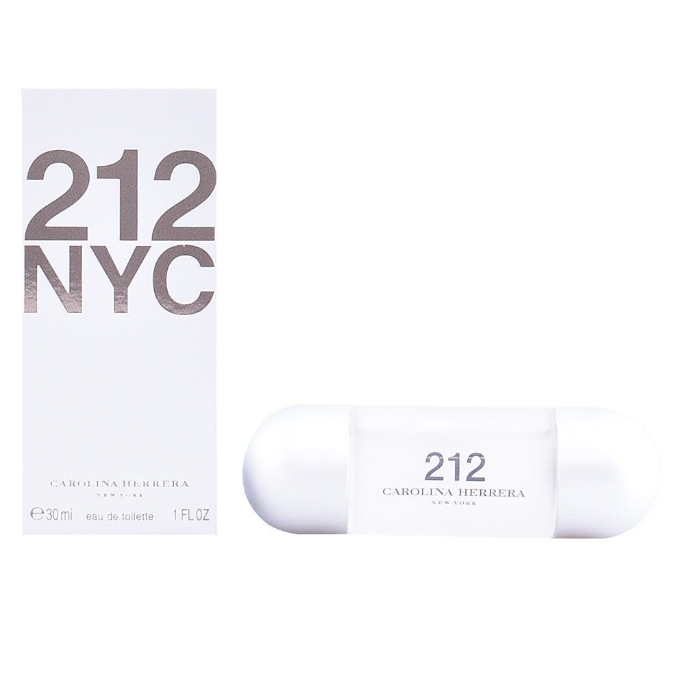 Boîte et flacon blancs. Sur la boîte, "212 NYC". Flacon en forme de capsule avec le texte "212". "Carolina Herrera" est visible.