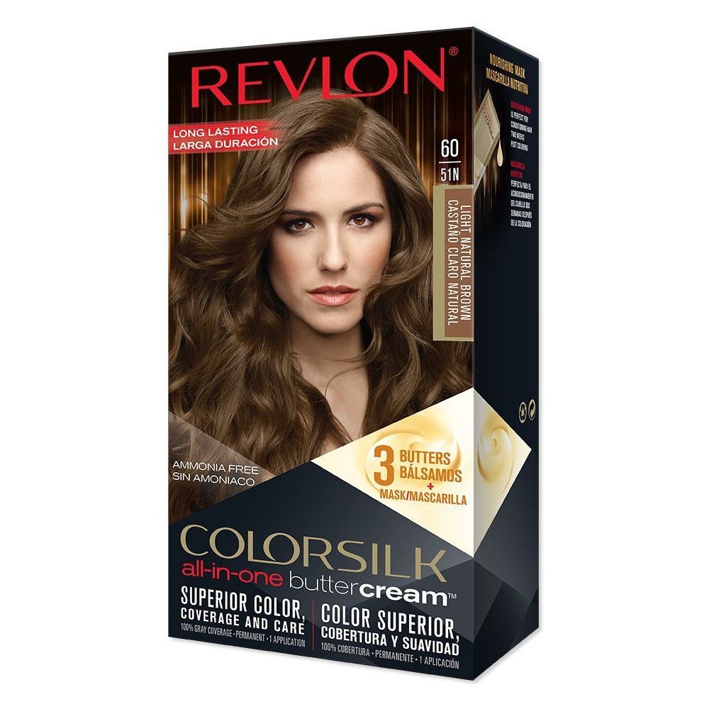 Boîte de coloration Revlon Colorsilk. Femme aux cheveux bruns. Contient 3 beurres. Teinte 60 51N Light Natural Brown.