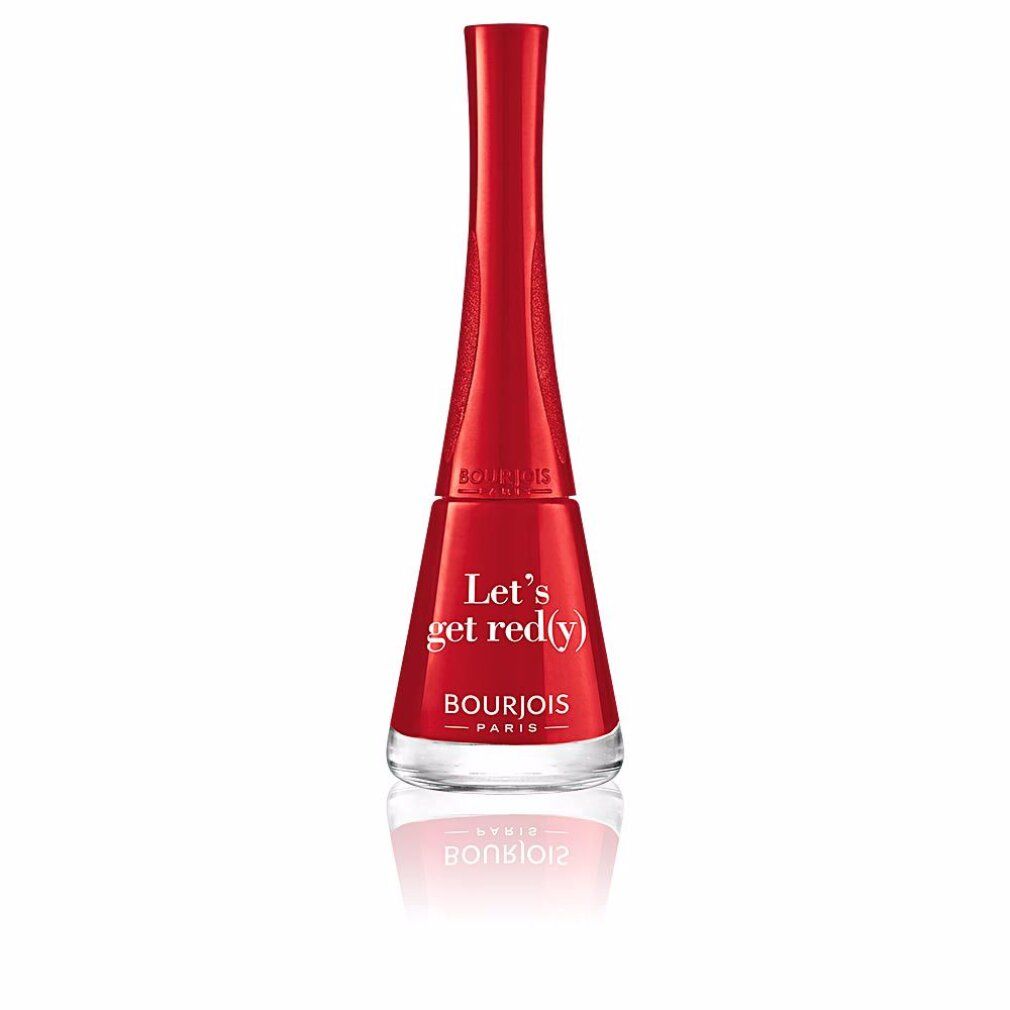 Rode nagellakfles. Opschrift: Let's get red(y). Merk: Bourjois Paris. Fles met rode dop en transparante bodem.