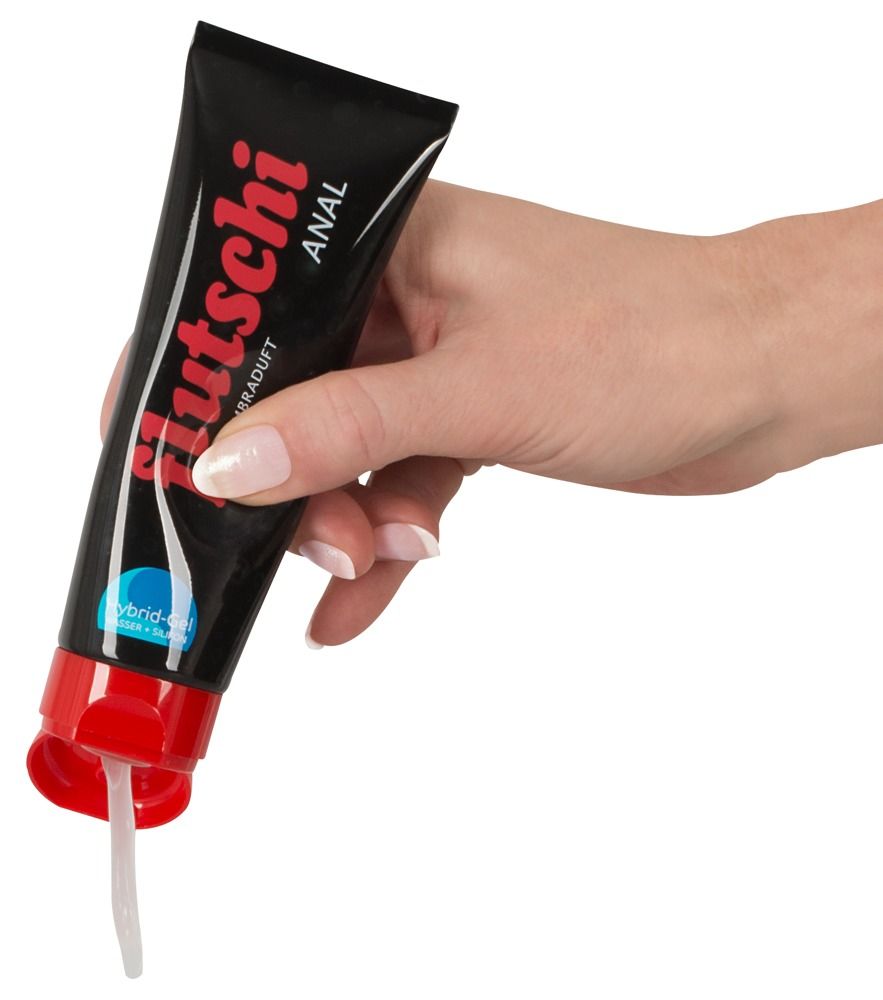 Tube noir avec inscription rouge : Flutschi Anal. Gel hybride à base d'eau et de silicone, avec bouchon rouge.