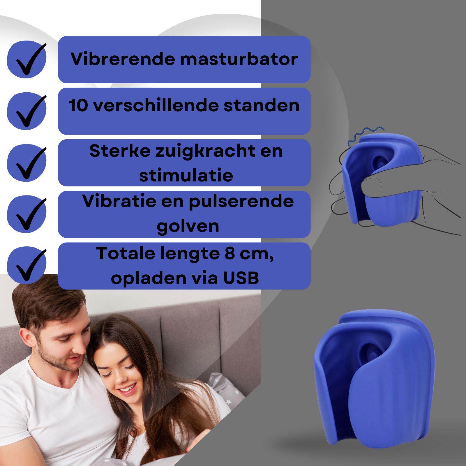 Blauw product met tekst. 10 standen, vibraties, USB-opladen. Koppel in bed.