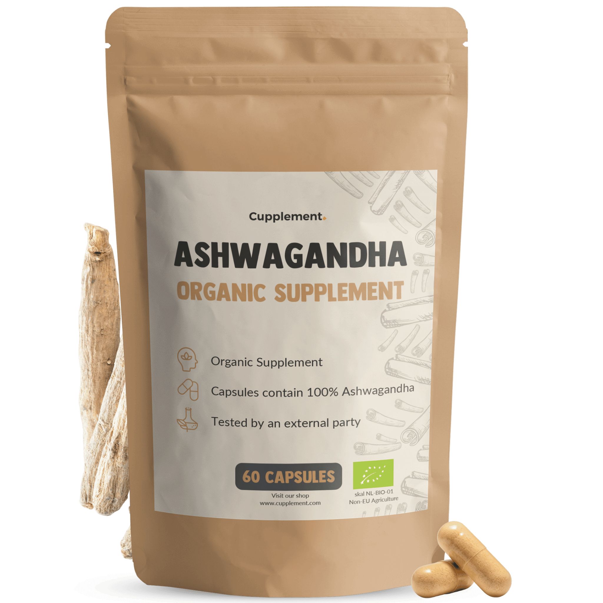 Zakje met Ashwagandha capsules. Opschrift: Ashwagandha Organic Supplement. 60 capsules. Met bio-keurmerk. Wortel ernaast.