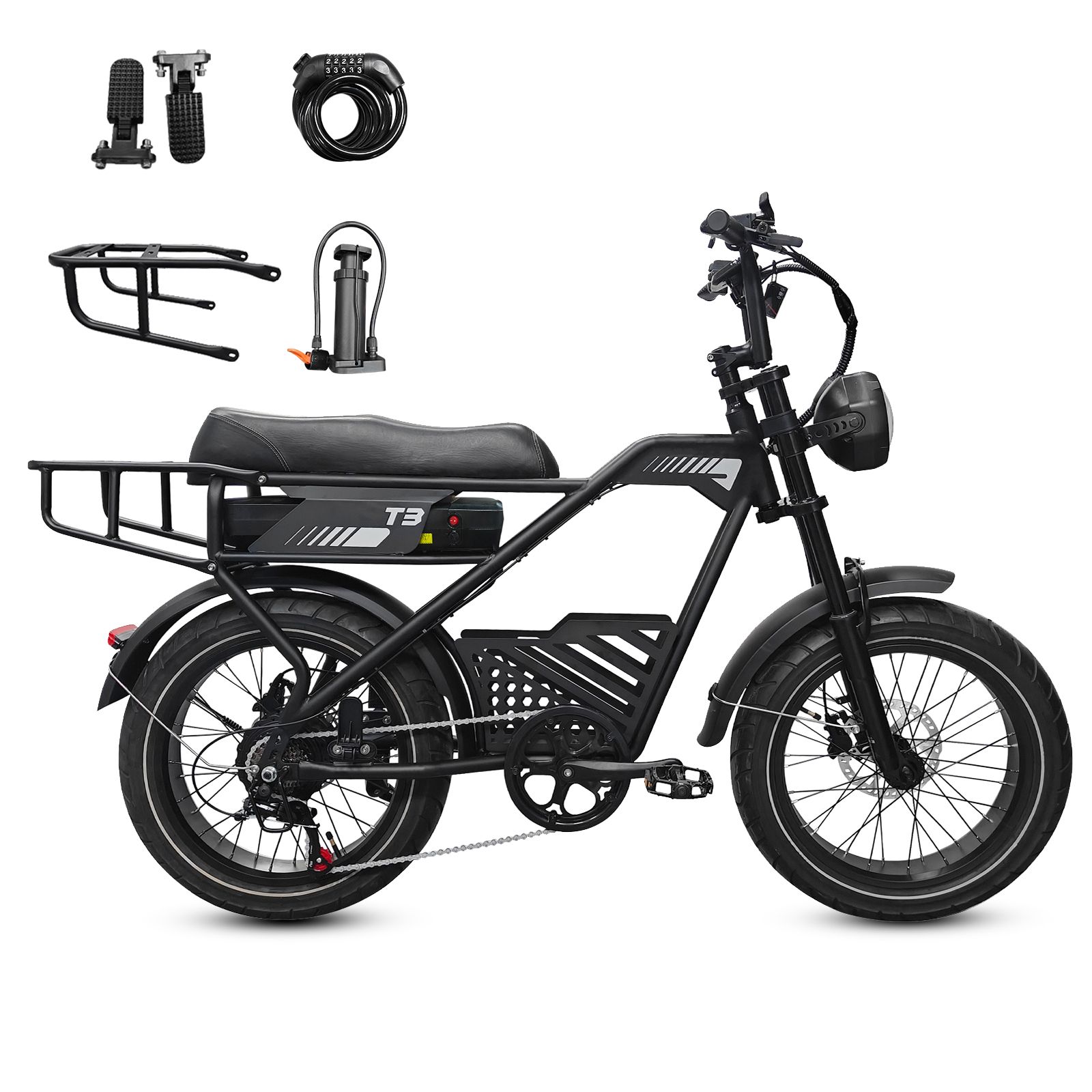 Elektrische cargofiets met accessoires: bagagerek, pomp, slot, pedalen. Zwart, T3-logo.