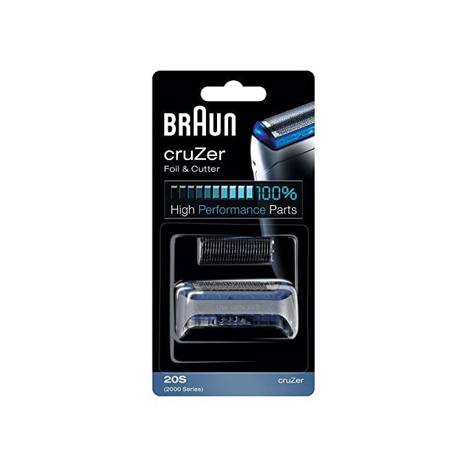 Zwarte verpakking Braun cruZer 20S. Productafbeelding en tekst. Merk en productnaam. Foil & Cutter. 100% High Performance Parts.