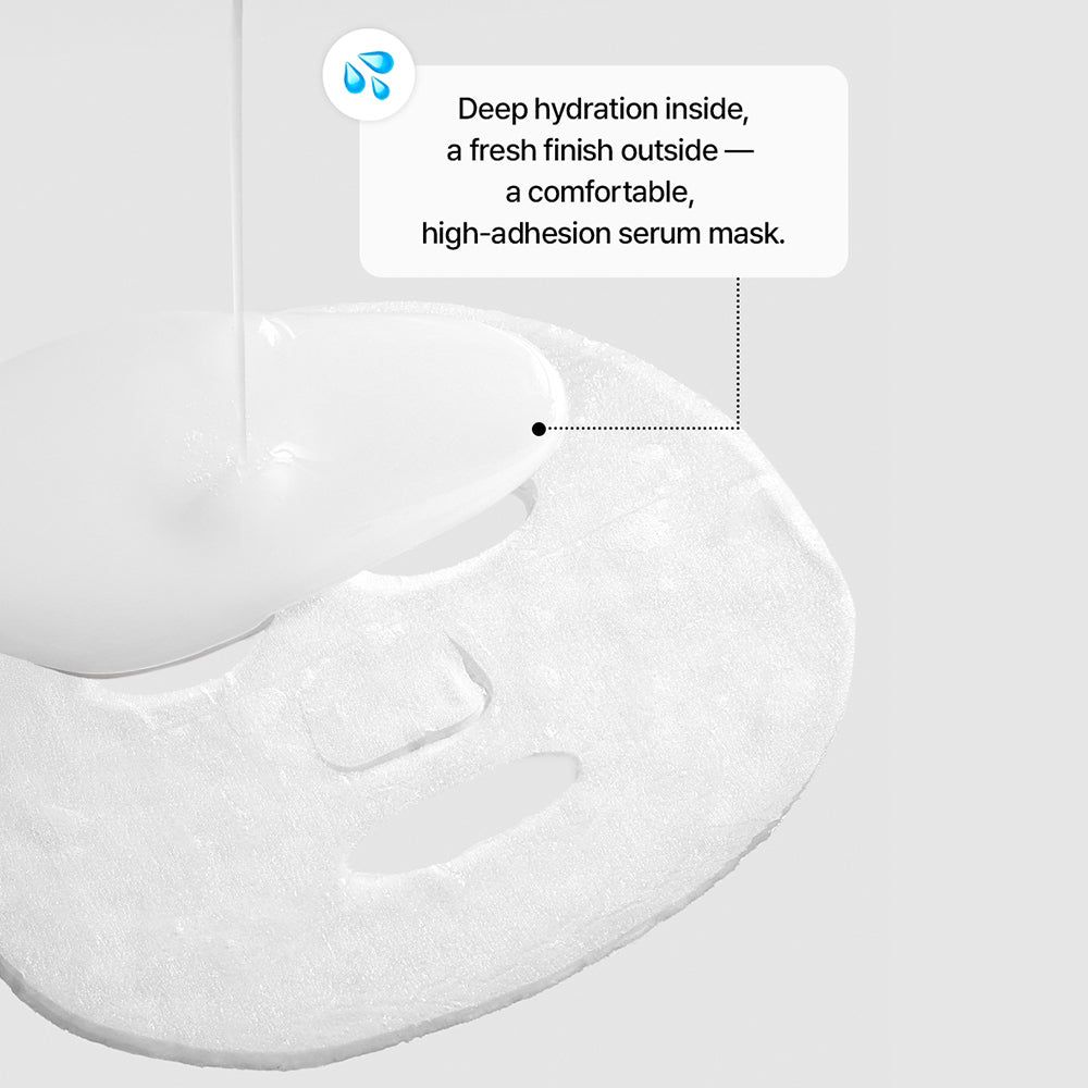Masque en tissu imbibé de sérum. Texte : Hydratation profonde, fini frais, haute adhérence.
