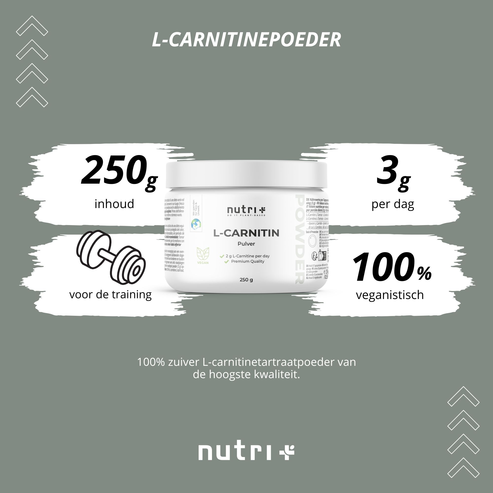Achterkant van een pot L-Carnitine poeder met voedingswaarde, ingrediëntenlijst en keurmerken.