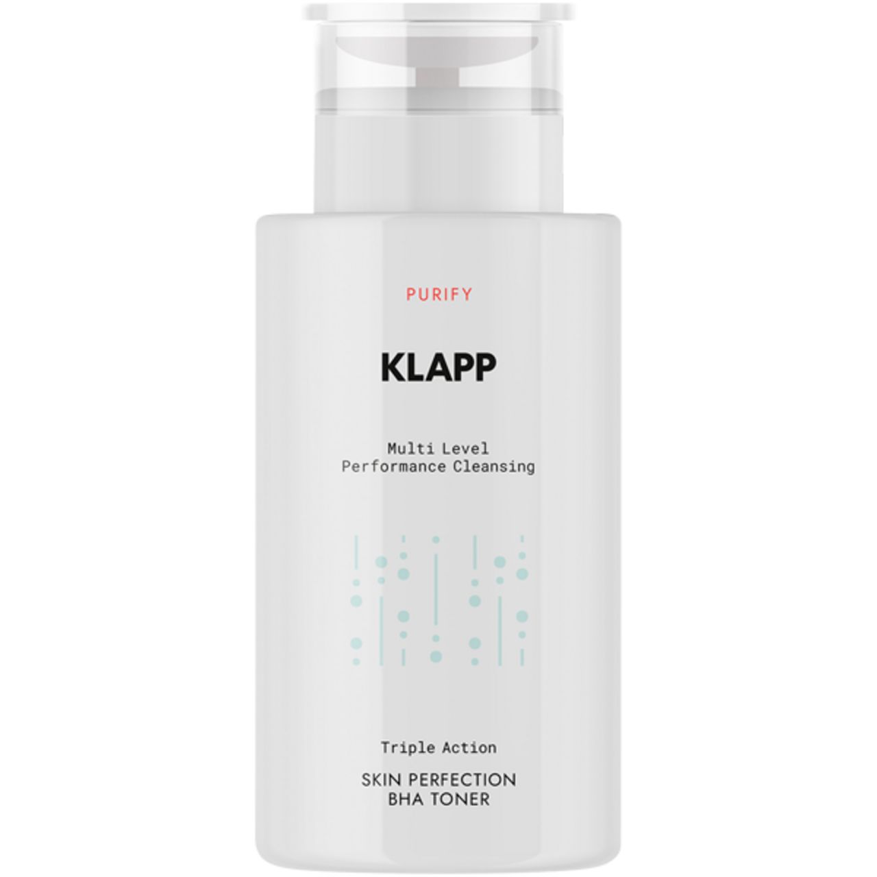 Witte fles met Klapp-logo en productnaam: Multi Level Performance Cleansing, Skin Perfection BHA Toner. Transparante dop.
