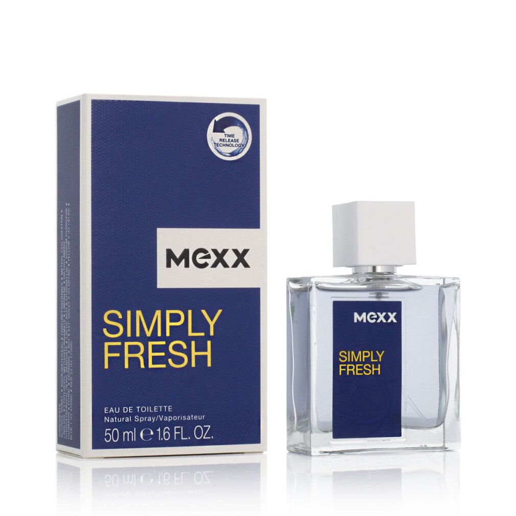 Mexx Simply Fresh Eau de Toilette Spray. Fles en verpakking. Blauw-witte verpakking met productnaam. Transparante fles met witte dop.