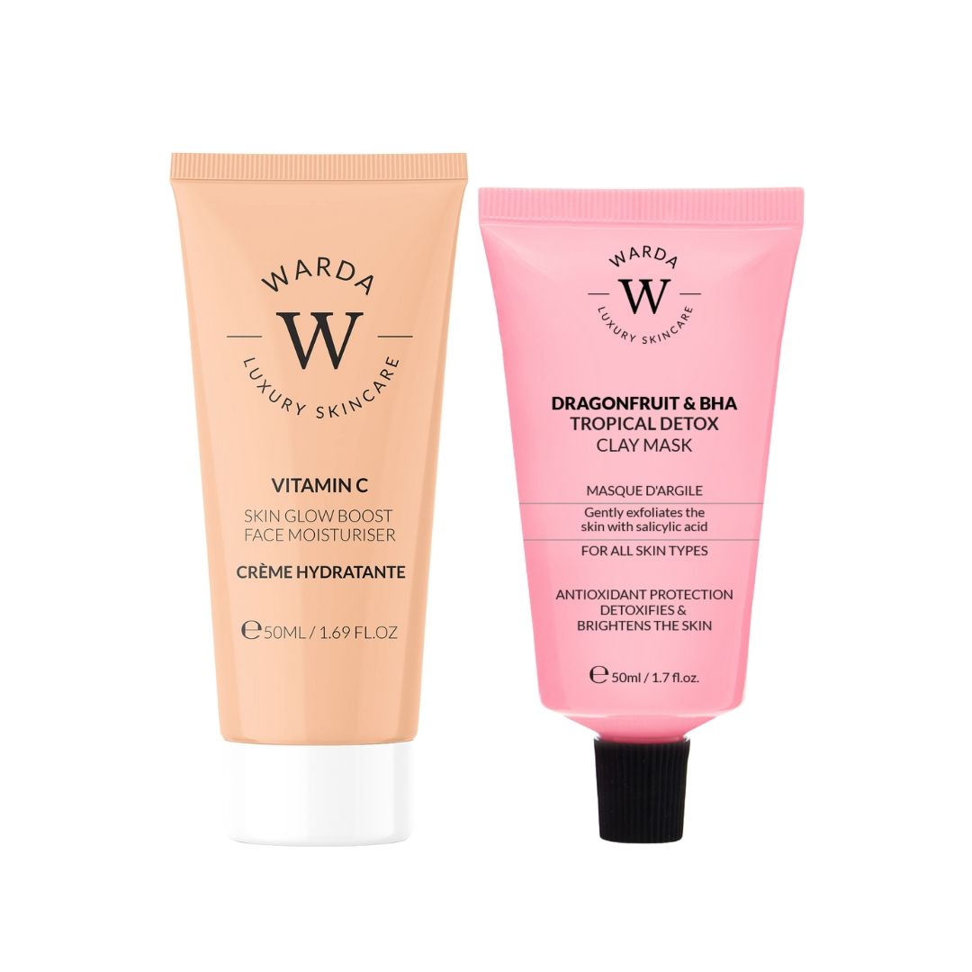 Deux tubes Warda Luxury Skincare. Crème orange à la vitamine C et masque rose au BHA. Fermetures noires.