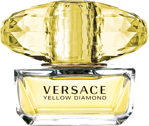 Versace Yellow Diamond Eau de Toilette. Flacon jaune avec bouchon en forme de diamant. Nom du produit visible.