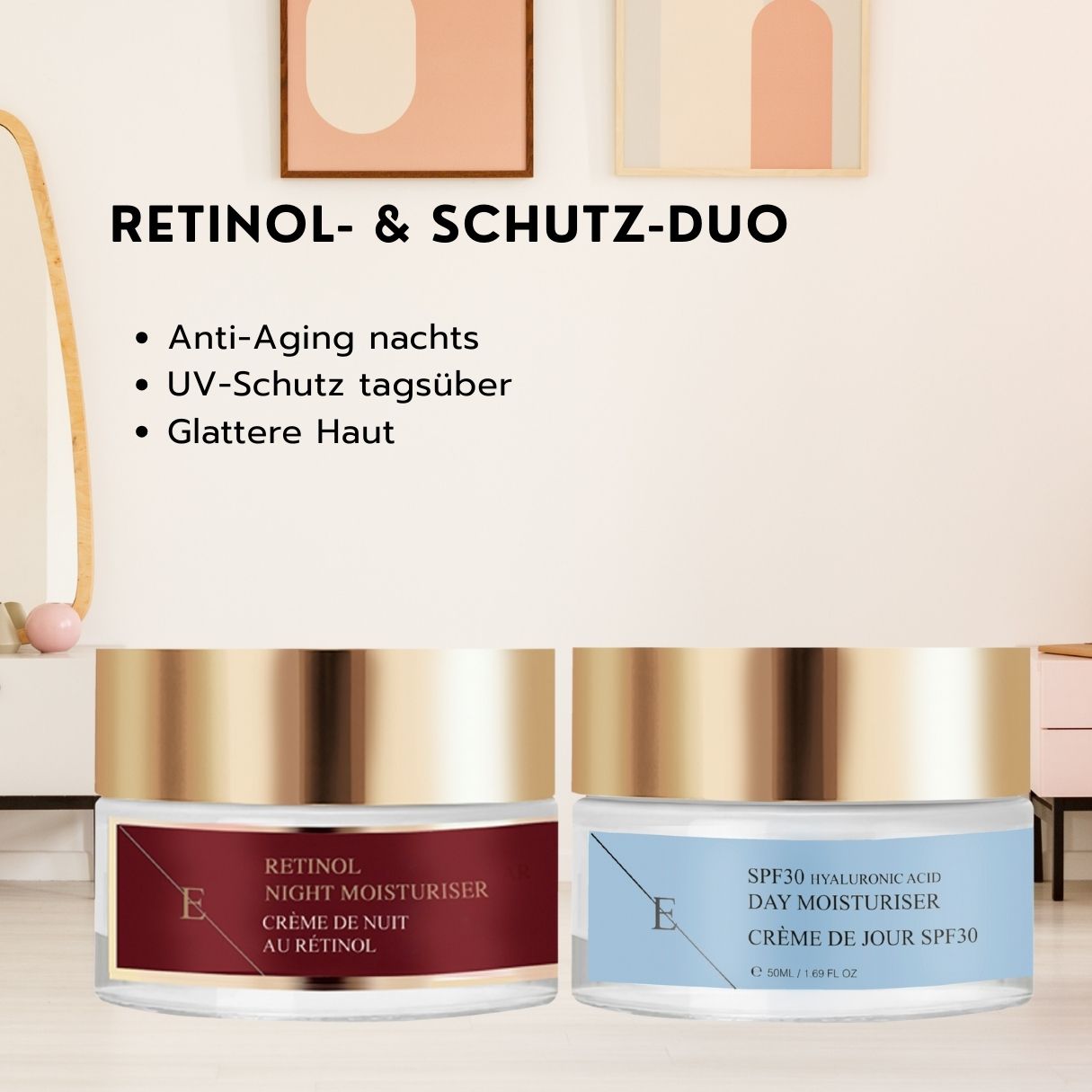 Twee crèmepotten, nachtcrème met retinol en dagcrème met SPF 30. Tekst: Retinol- & Bescherm Duo. Anti-aging 's nachts, UV-bescherming overdag.