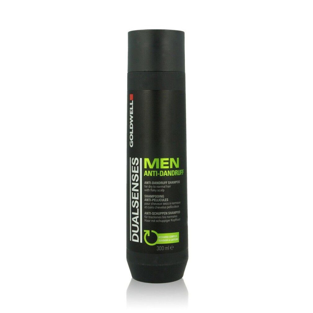 Zwarte fles Goldwell Dualsenses Men Anti-Dandruff shampoo. Groene en witte tekst. 300ml.