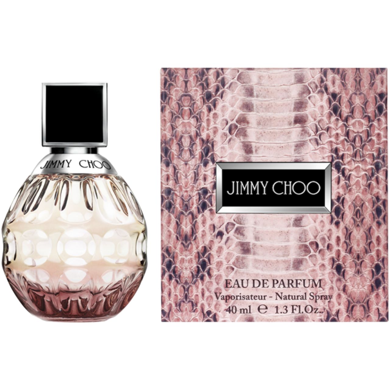 Flacon de parfum et boîte. Flacon avec bouchon noir, logo « JIMMY CHOO ». Boîte avec motif serpent et logo.