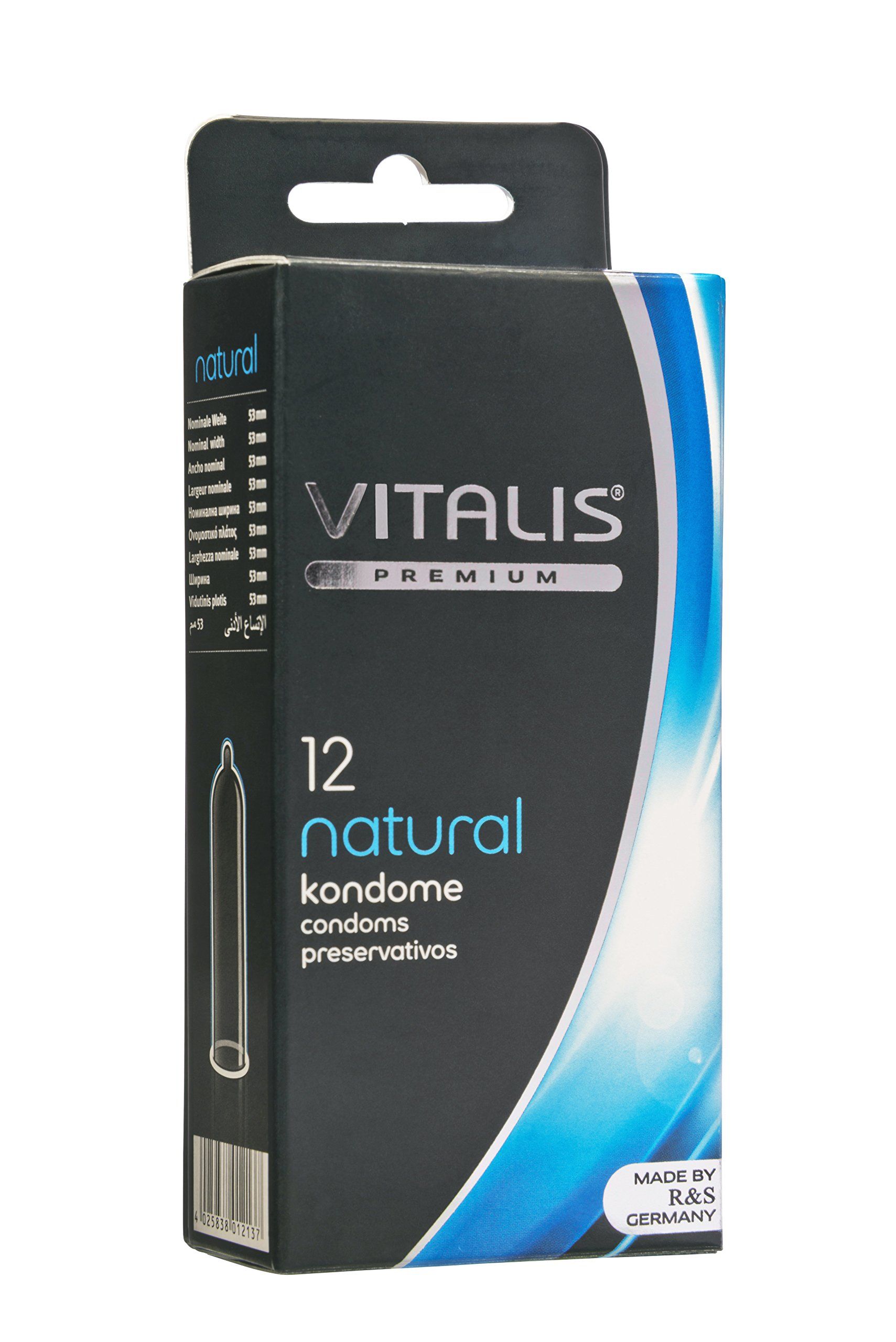 Vitalis Premium Natural condooms, verpakking van 12. De voorkant toont een schematische weergave van een condoom.
