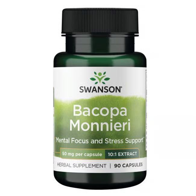Flacon vert avec bouchon noir. Inscription: SWANSON, Bacopa Monnieri, 50 mg par capsule, 90 capsules.