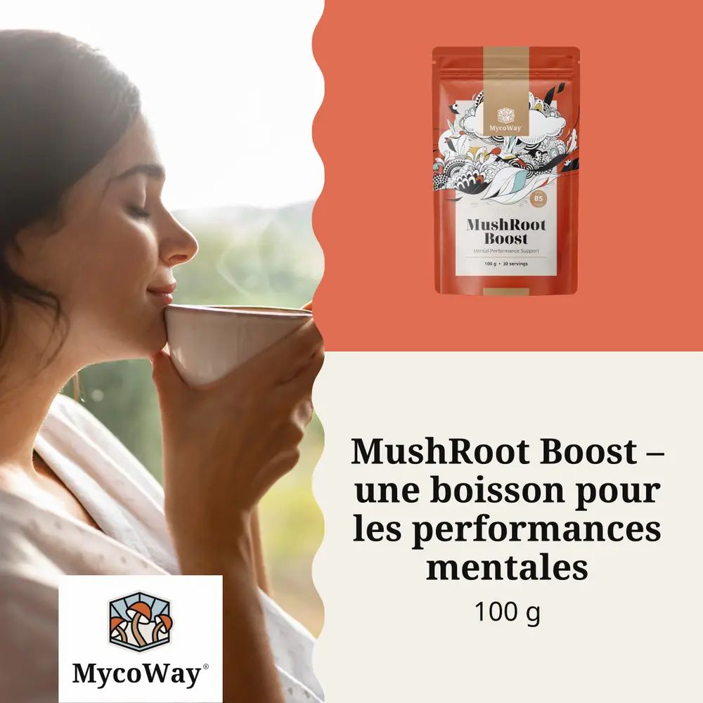 Femme boit une boisson. Sachet MycoWay MushRoot Boost. Texte : Boisson pour performances mentales. 100 g.