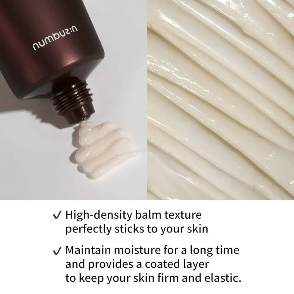 Crème sortant du tube. Texte : High-density balm texture perfectly sticks to your skin. Maintain moisture for a long time.