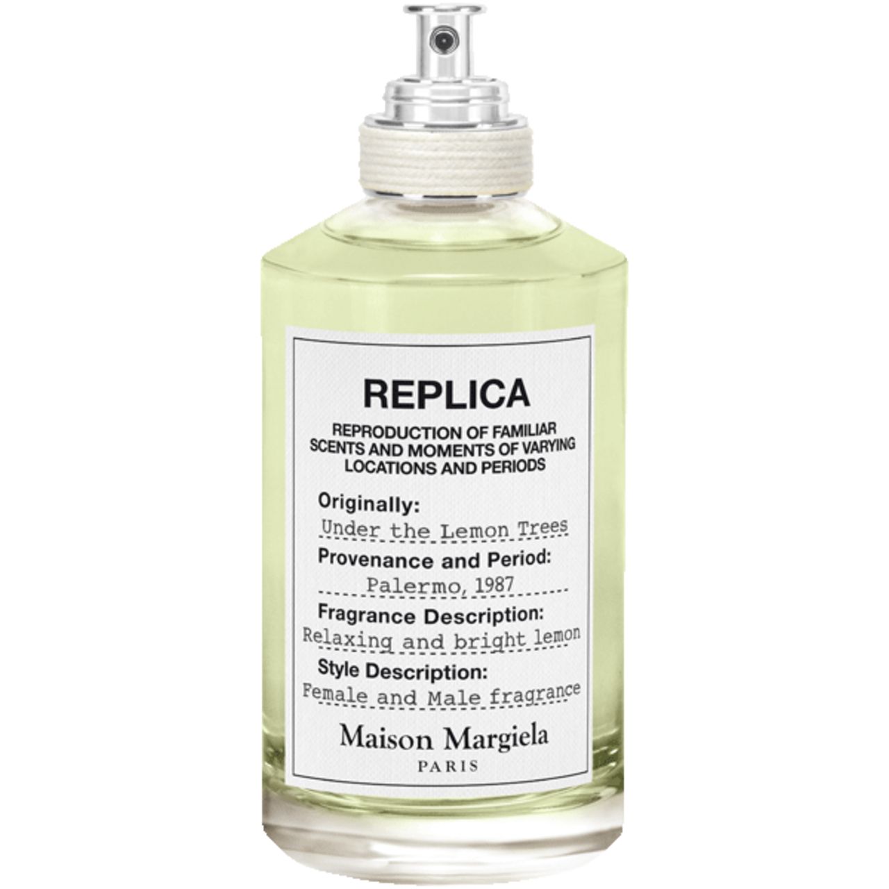 Parfumfles met wit etiket. Opschrift: Replica Under the Lemon Trees. Maison Margiela Paris.