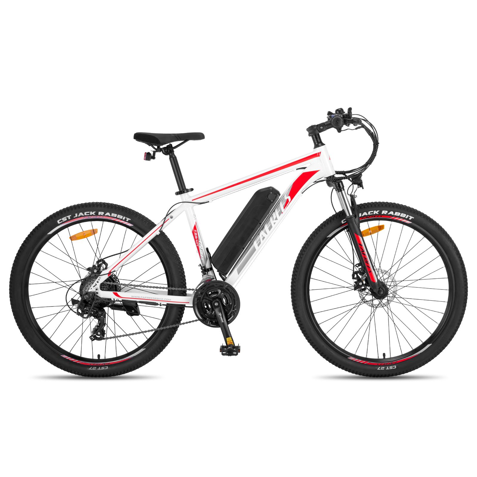 VTT électrique blanc avec accents rouges. Pneus, fourche et guidon noirs. Batterie sur le cadre.