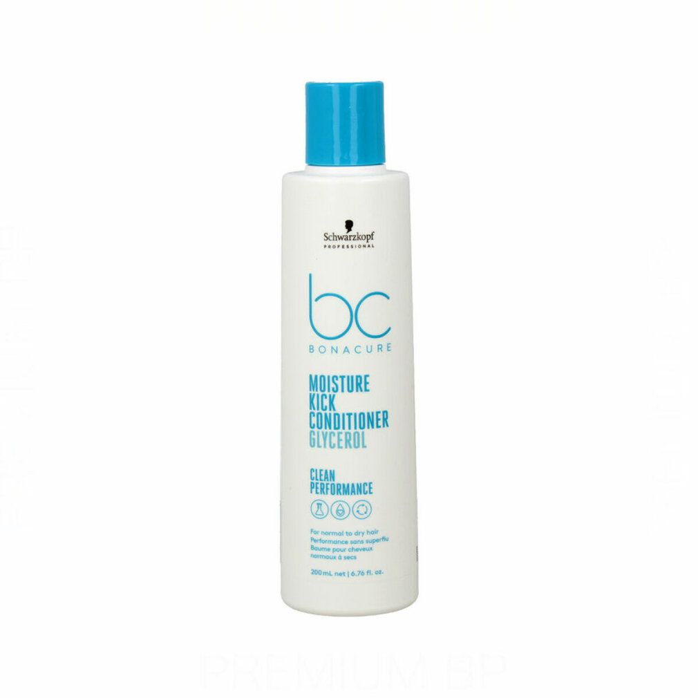 Witte fles met blauwe dop. Opschrift: Schwarzkopf Bonacure Moisture Kick Conditioner Glycerol. Clean Performance.
