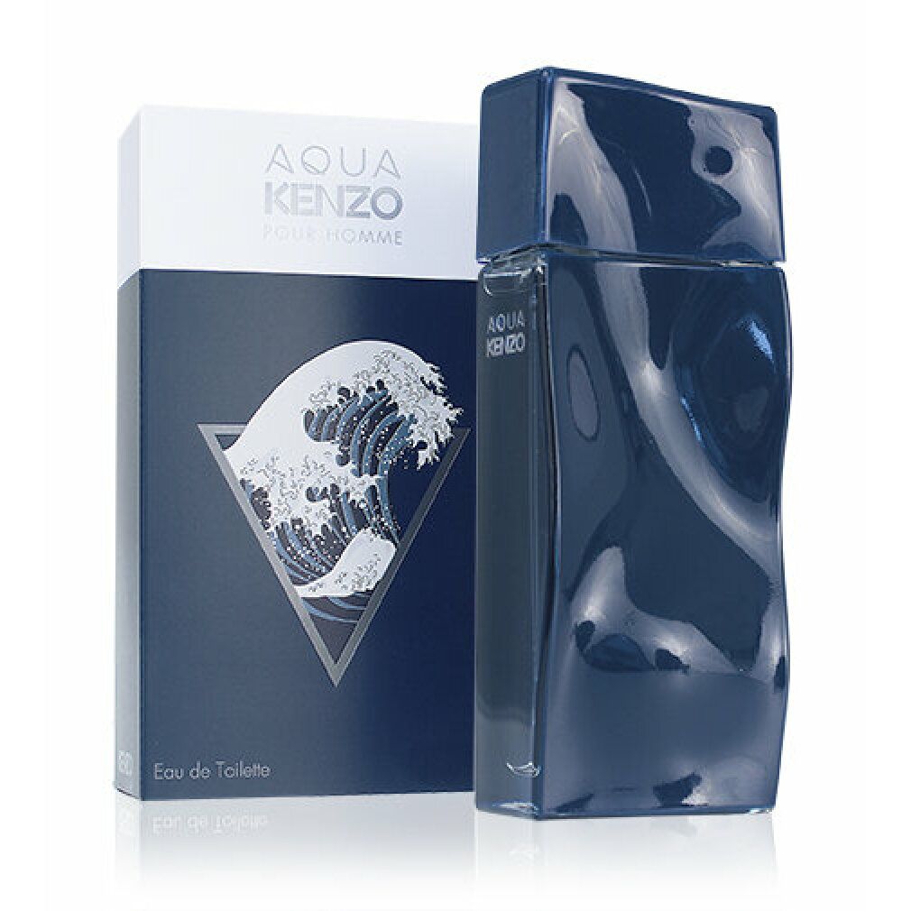 Kenzo Aqua Pour Homme Eau De Toilette Spray avec emballage. Flacon et emballage présentent un motif de vagues et le logo.