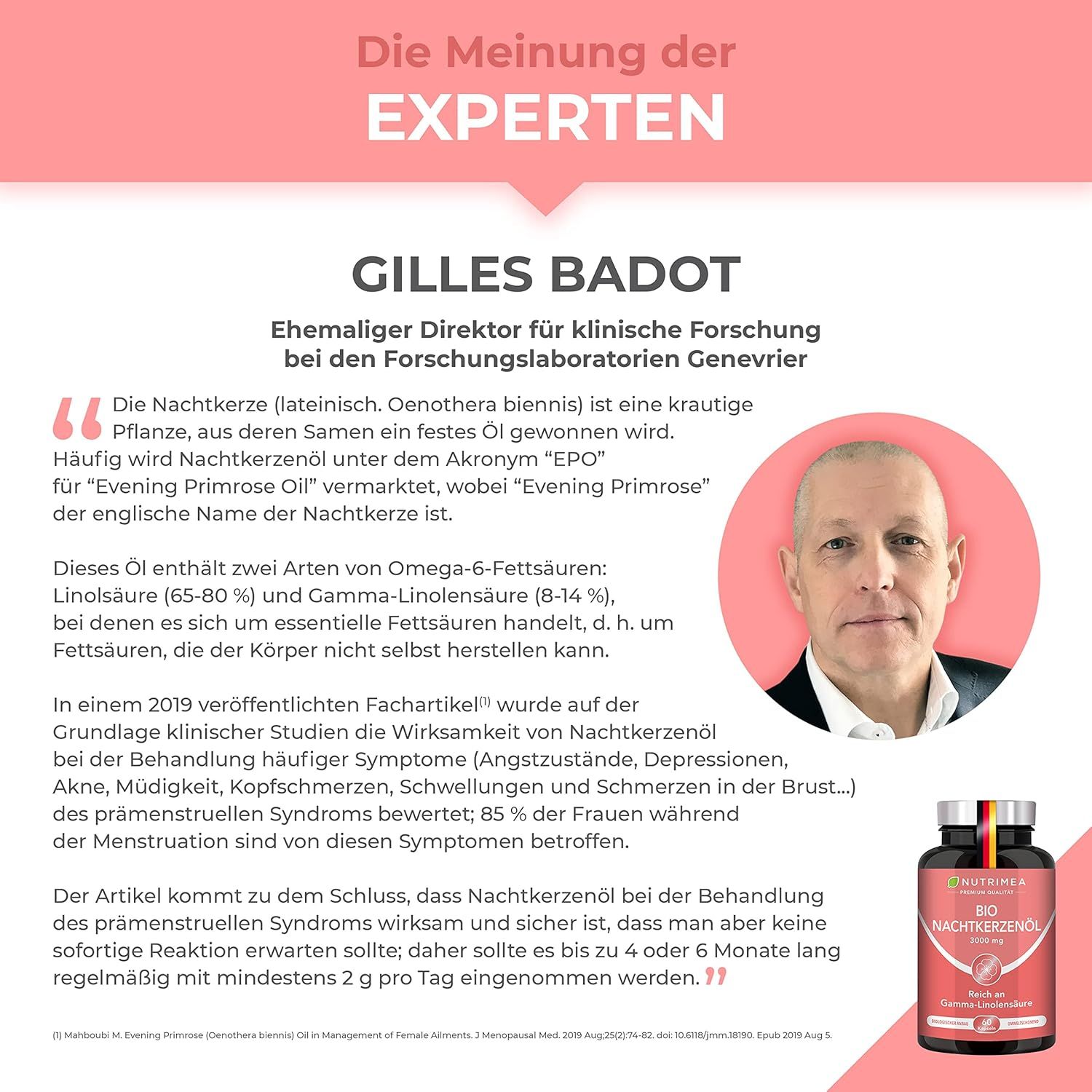 Expert mening over teunisbloemolie. Citaat van Gilles Badot. Fles met etiket en Duitse vlag.