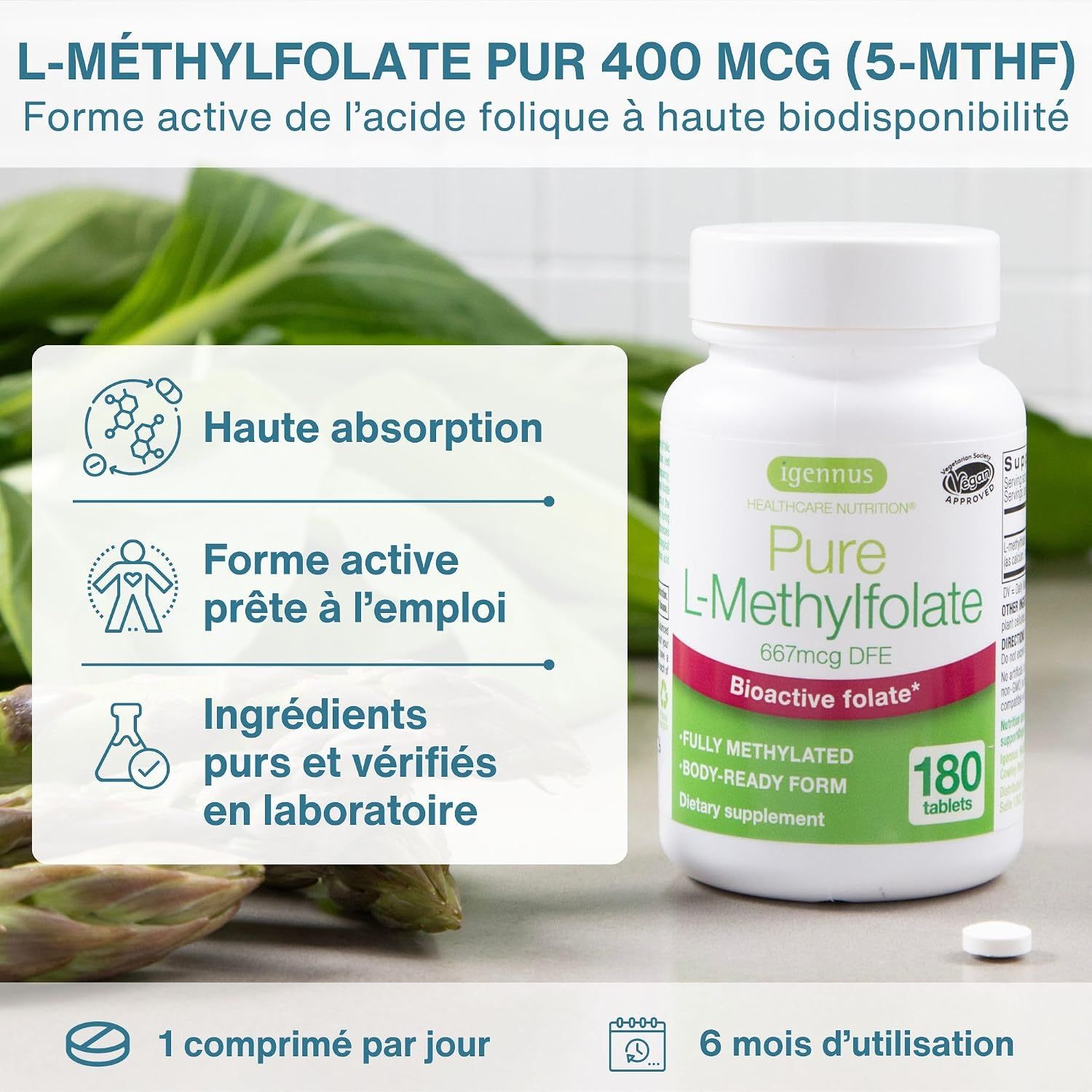 Igennus L-Methylfolate 400mcg DFE. Haute absorption, forme active.