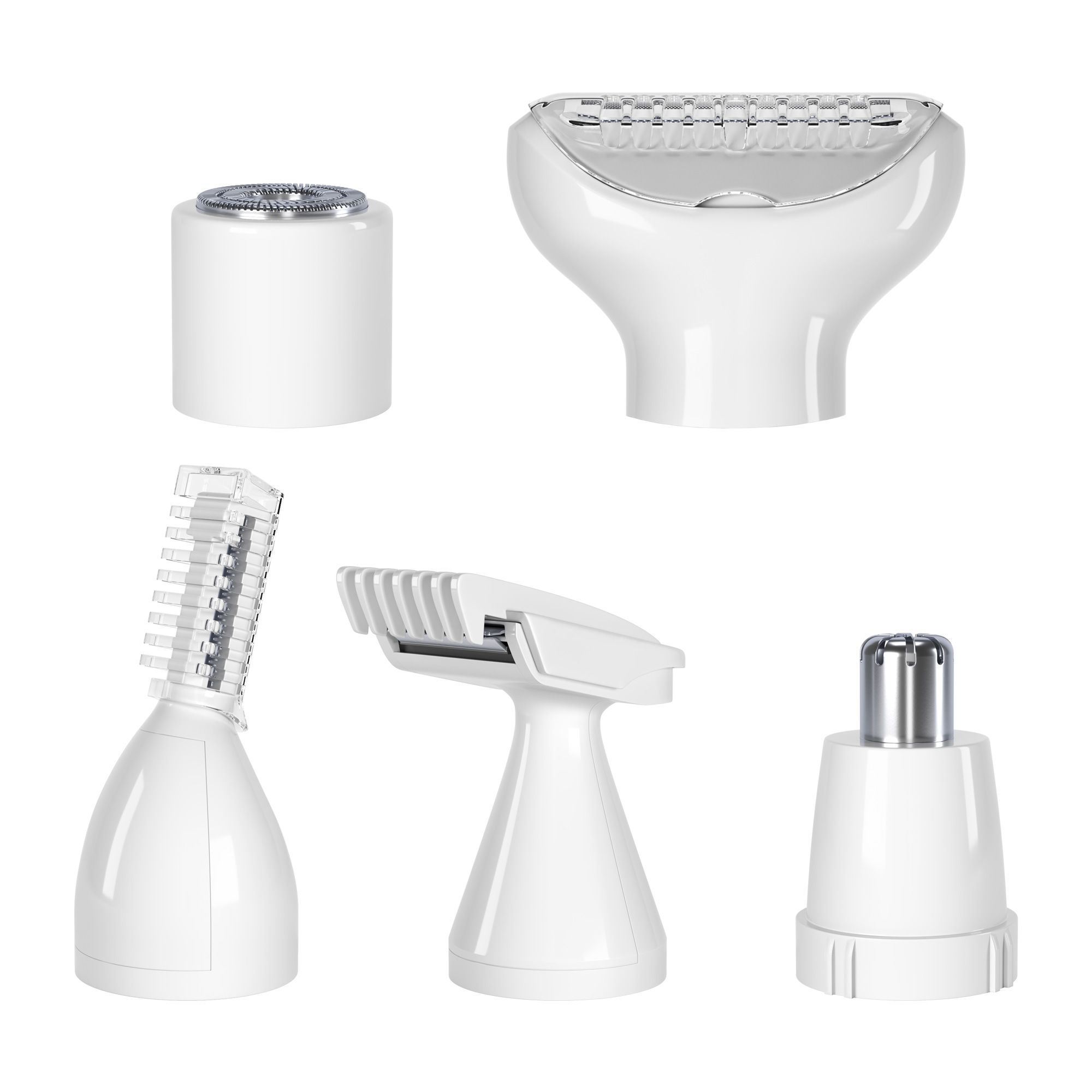 Cinq têtes de rasage blanches. Différents accessoires pour différentes zones : visage, nez, sourcils, zone du maillot.