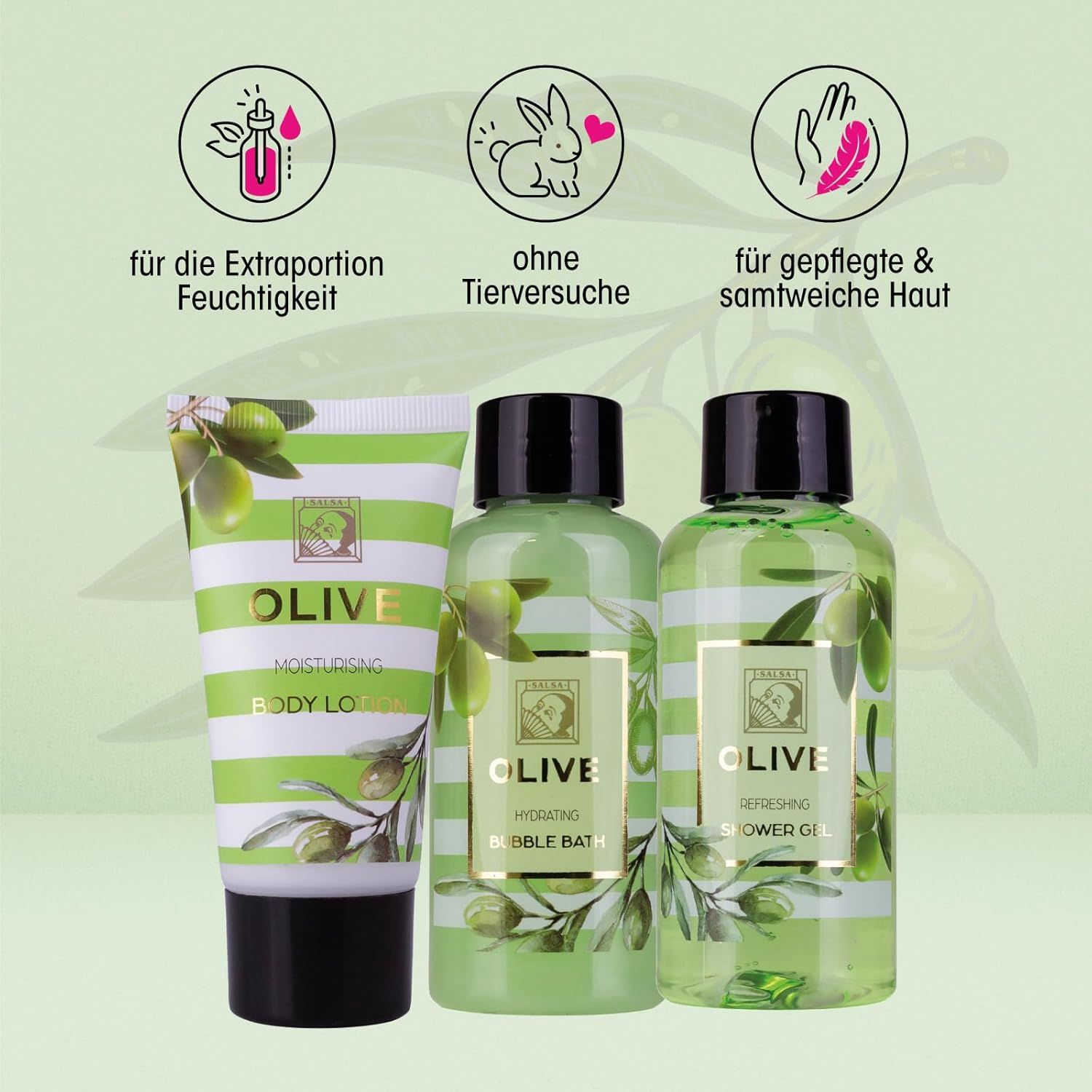 Trois produits : lotion pour le corps, gel douche, bain moussant. Motif d'olives et rayures vertes. Symboles d'hydratation, sans cruauté, soin de la peau.