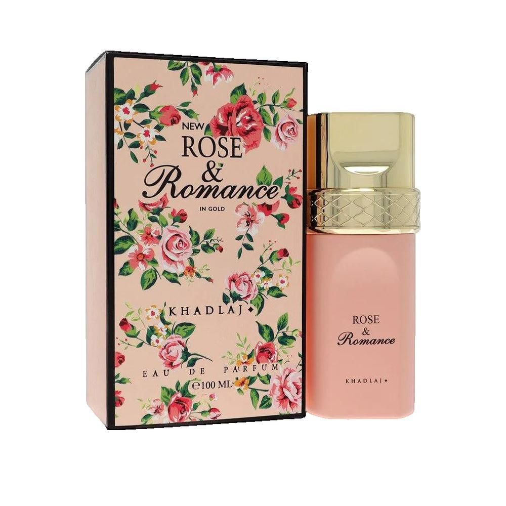 Flacon rose et boîte à motifs floraux. Inscription "ROSE & Romance" et "KHADLAJ".