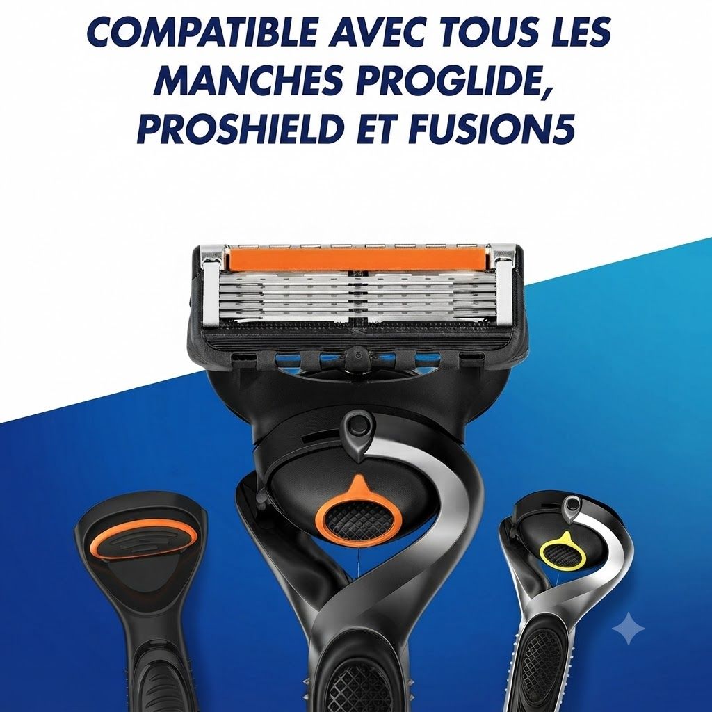 Rasoir à cinq lames et deux manches, l'un avec un accent orange, l'autre jaune.