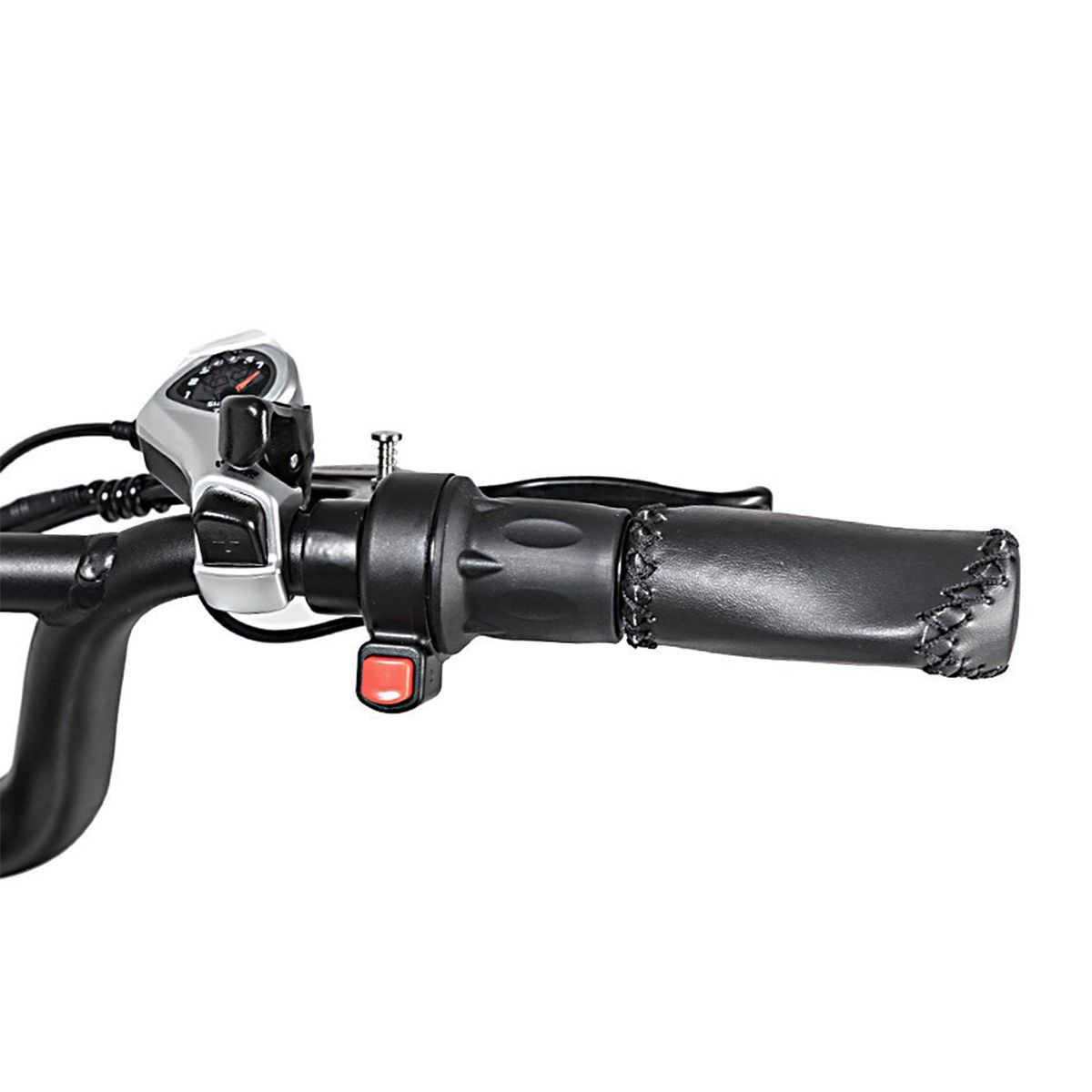 Guidon avec poignées, commandes et bouton rouge. Poignées noires avec couture.