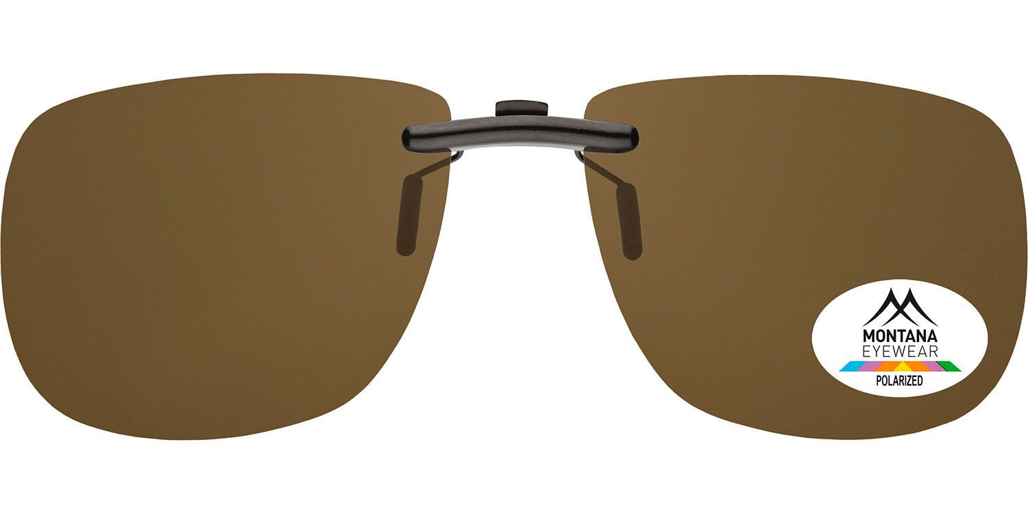 Clip-on avec verres bruns. Monture noire. Logo Montana Eyewear et autocollant Polarized.