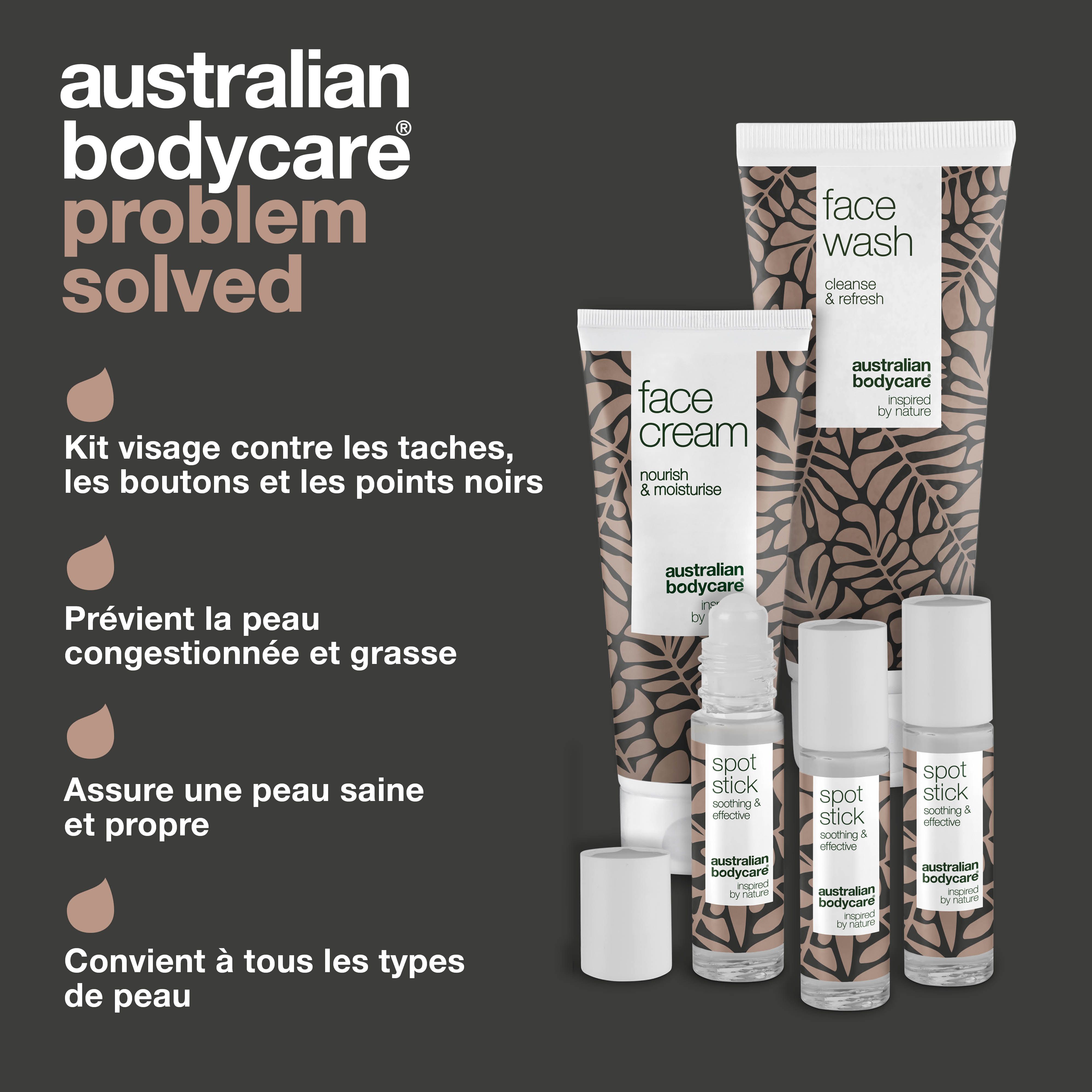 Produits : Face Wash, Face Cream, Spot Stick. Texte : Problème résolu. Informations sur les produits.