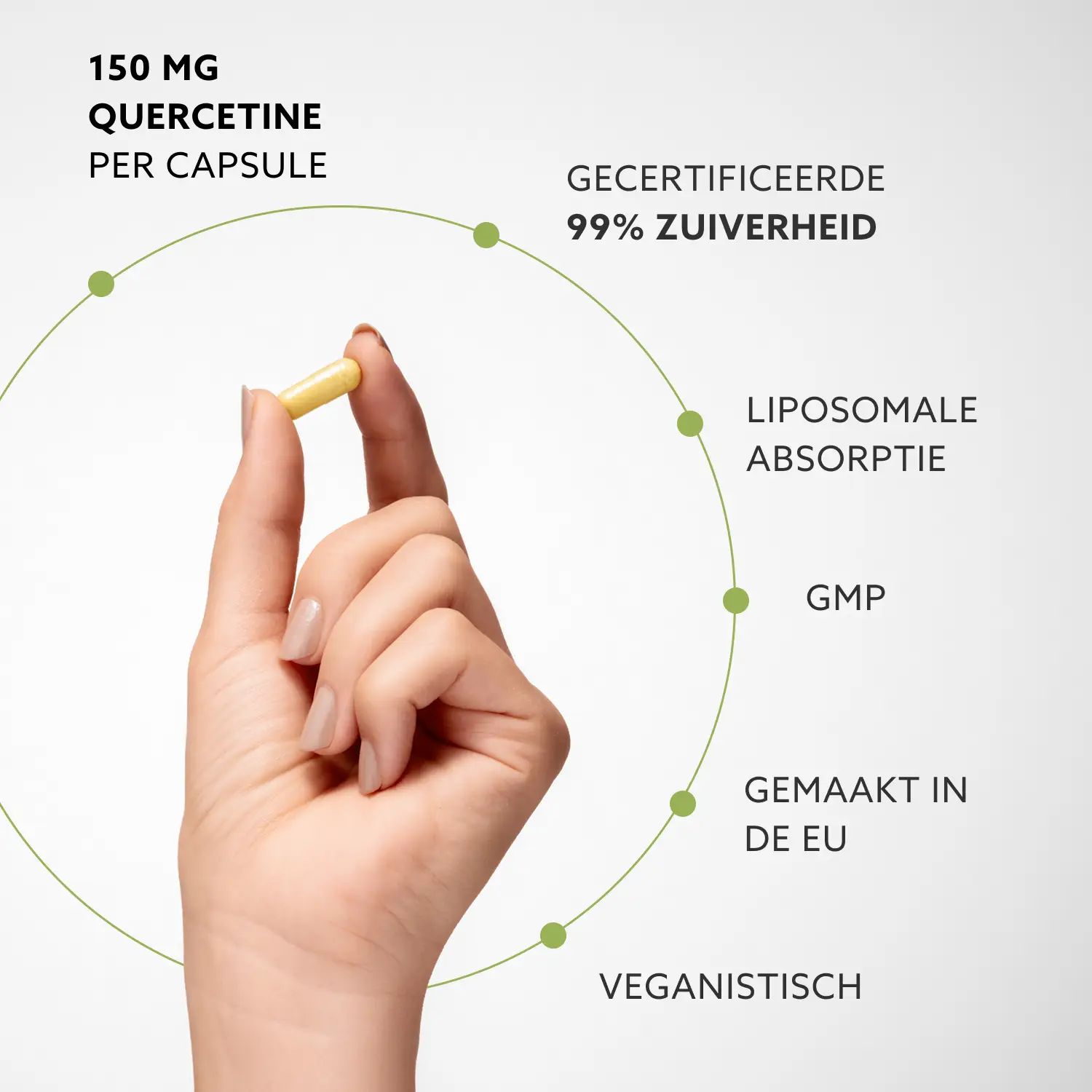 Hand houdt capsule vast. Tekst: 150 mg quercetine per capsule, 99% zuiverheid, liposomale absorptie, veganistisch, gemaakt in EU.