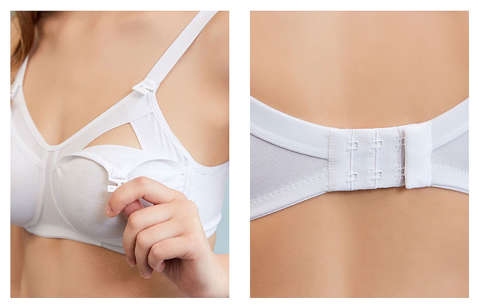 Deux images: Soutien-gorge d'allaitement blanc, bonnet D, avec fermeture à clip et bretelles réglables. Vue détaillée des fermetures.